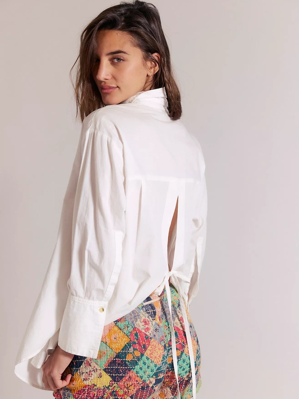 Free People white oversized open-back tie button-down shirt